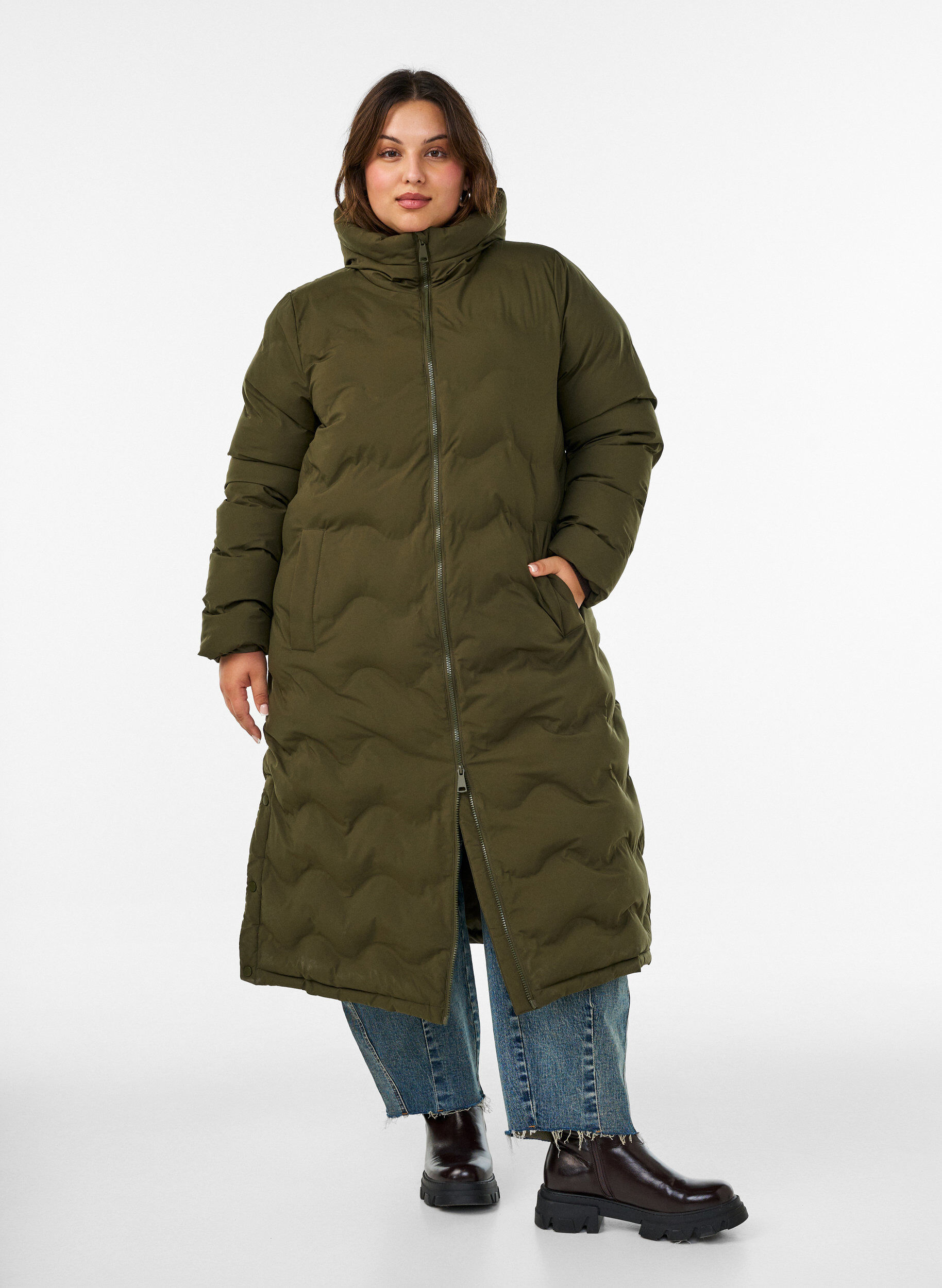Doudoune longue &agrave; capuche avec motif vagues, Vert Kaki, Model