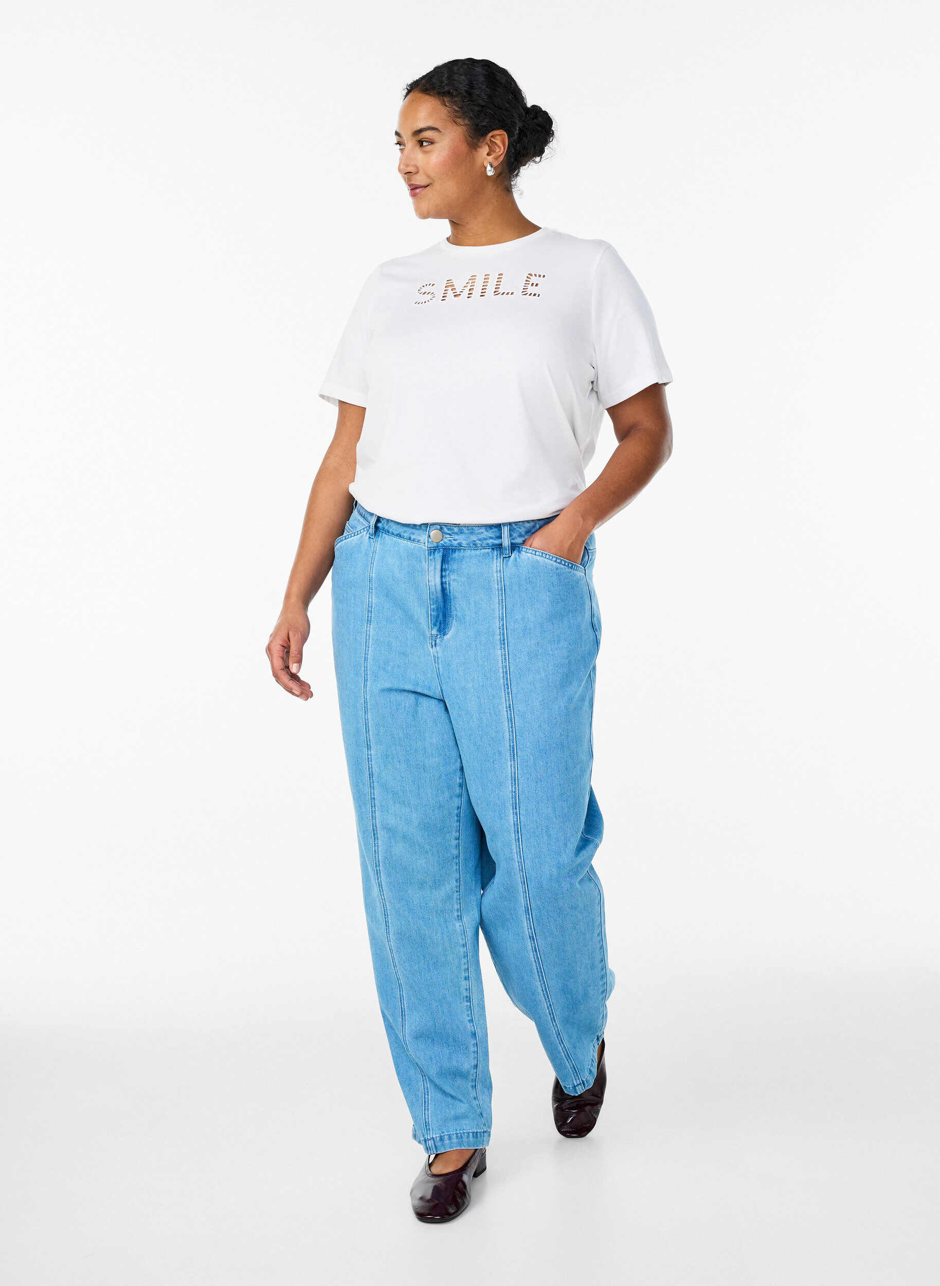 ZizziKatoenen T-shirt met geborduurde tekst, Wit, Model image number 1