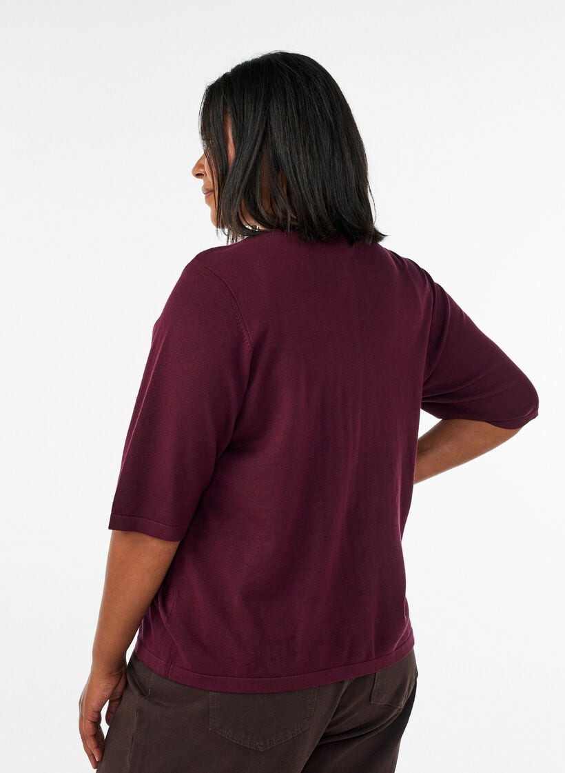 Cardigan en maille avec boutons c&oelig;ur et manches courtes, Bordeaux, Model image number 2