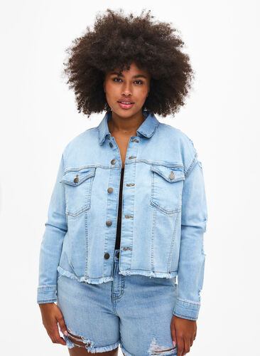Veste en jean courte avec effet usé, Light Blue Denim, Model image number 0