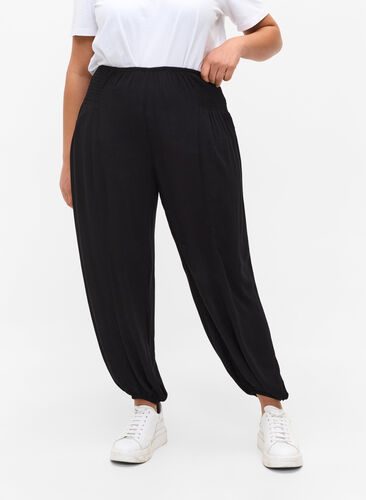 Pantalon ample avec détail en smock, Black, Model image number 1
