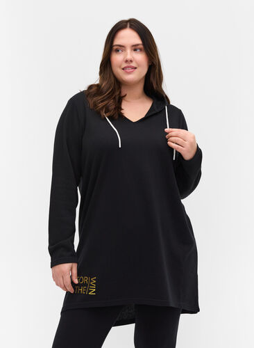 Lang sweatshirt met v-hals en capuchon, Black, Model image number 0