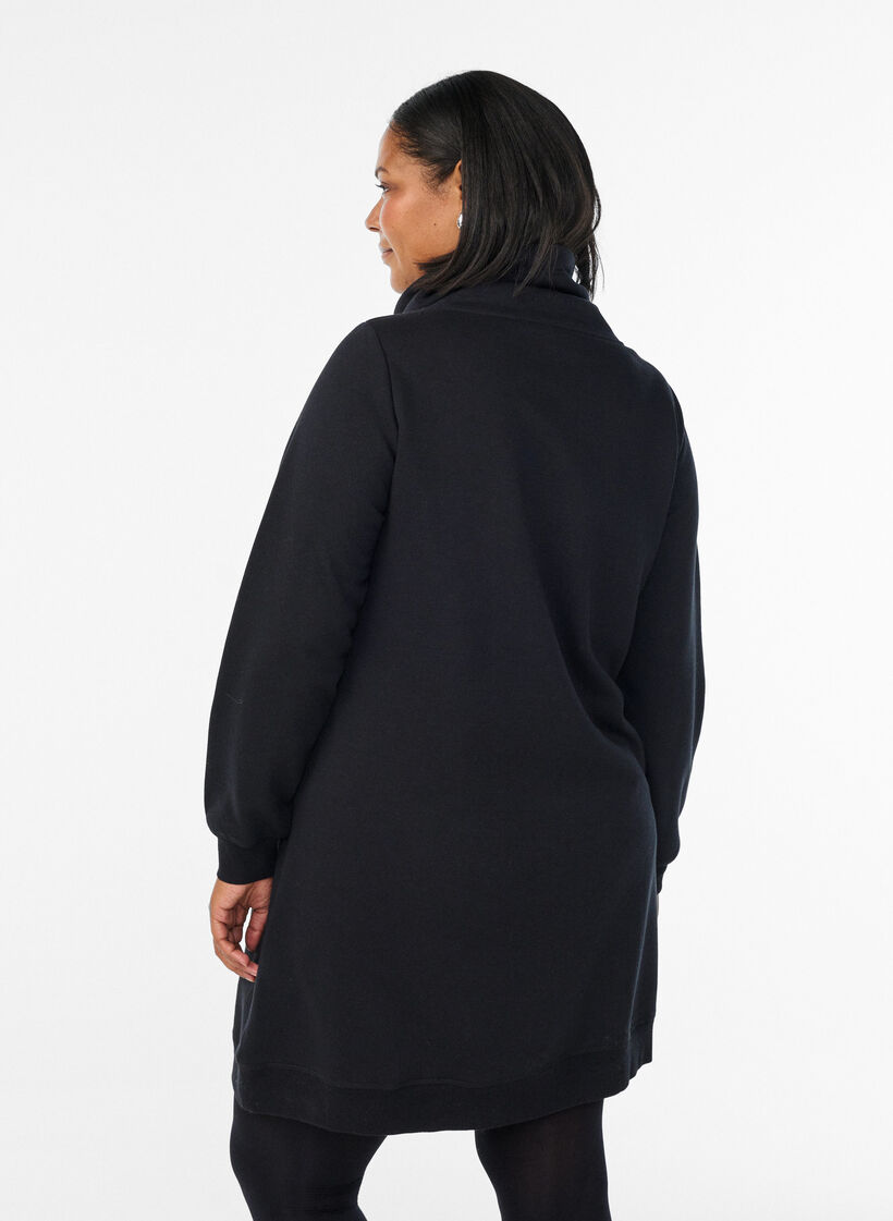 Kort sweatshirt jurk met hoge kraag en zakken, Zwart, Model image number 2