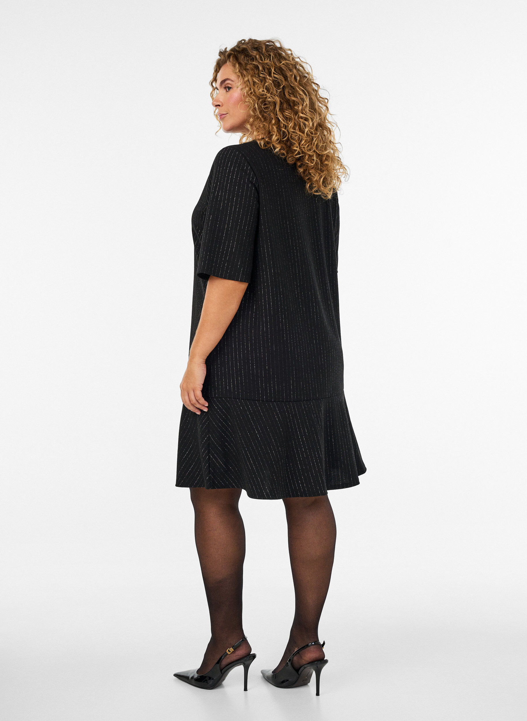 ZizziKorte A-lijnjurk met glitterstrepen, Zwart, Model image number 2