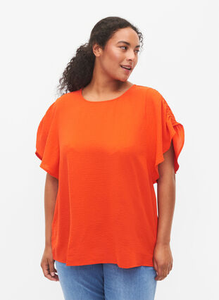 Blouse à manches courtes avec des plis., Orange.com, Model image number 0