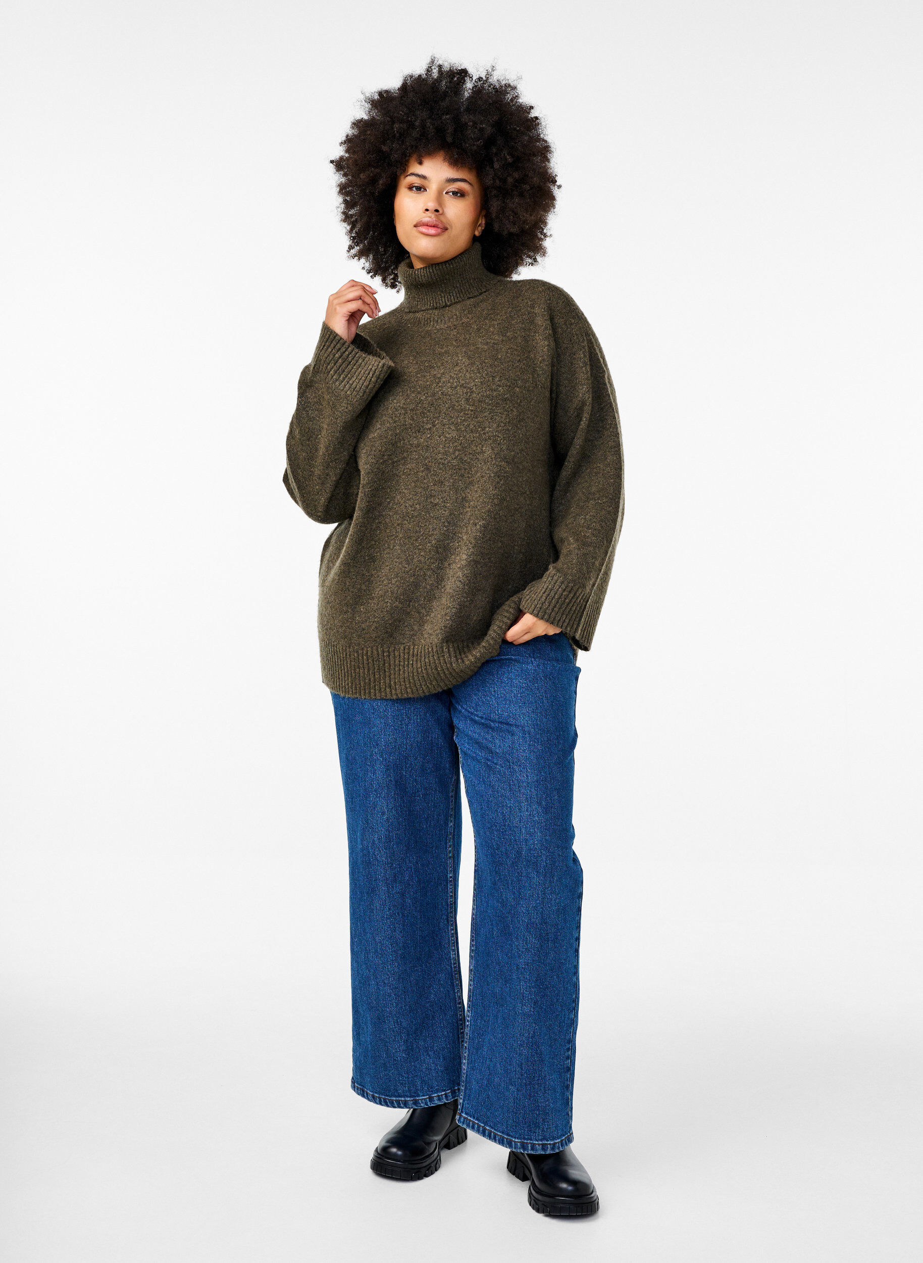 Zizzi Chemisier &agrave; col roul&eacute; en maille, Sea Turtle Mel., Model image number 3