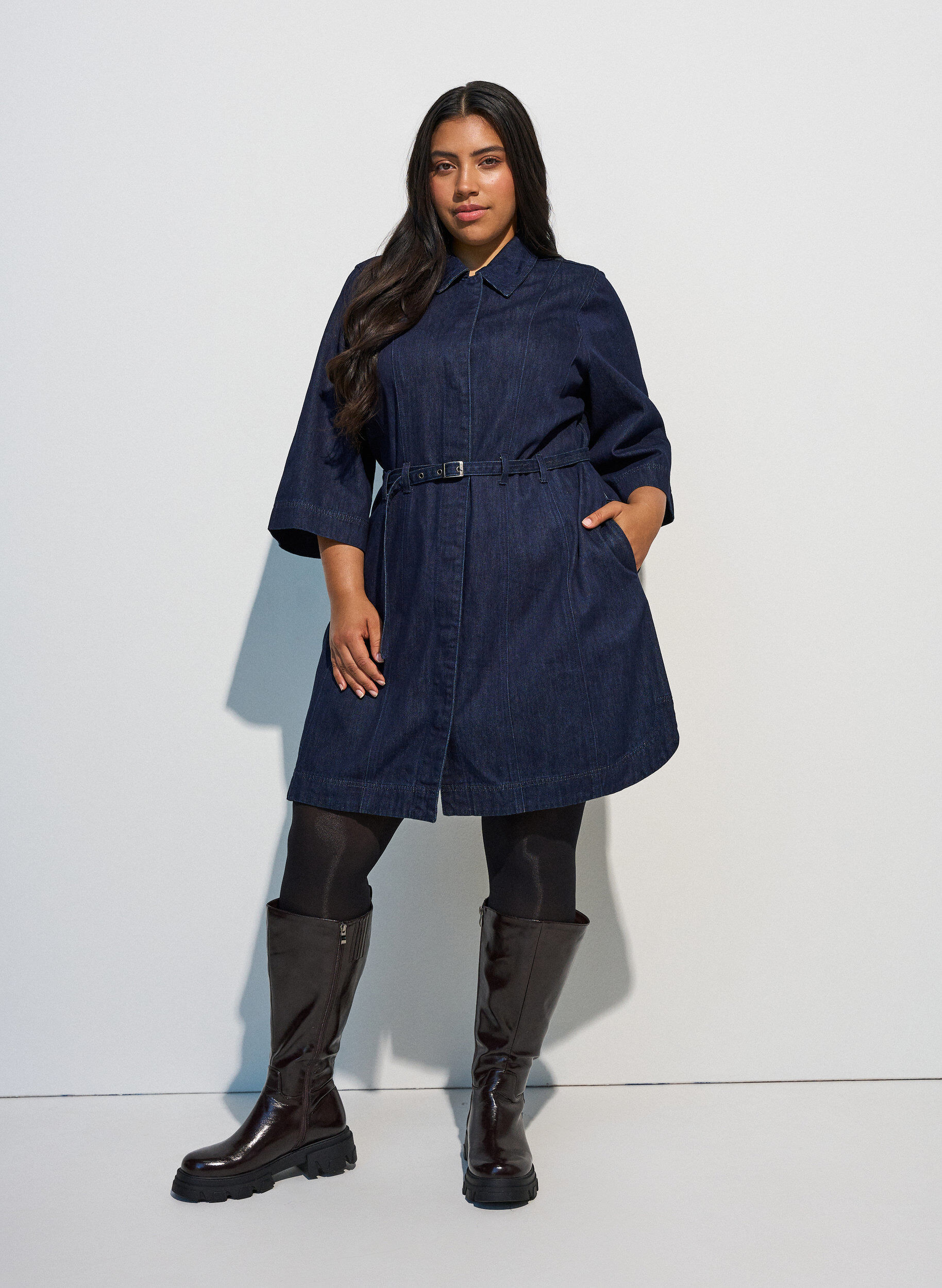 ZizziDenimjurk met riem en 3/4-mouwen, Blauw, Model image number 1