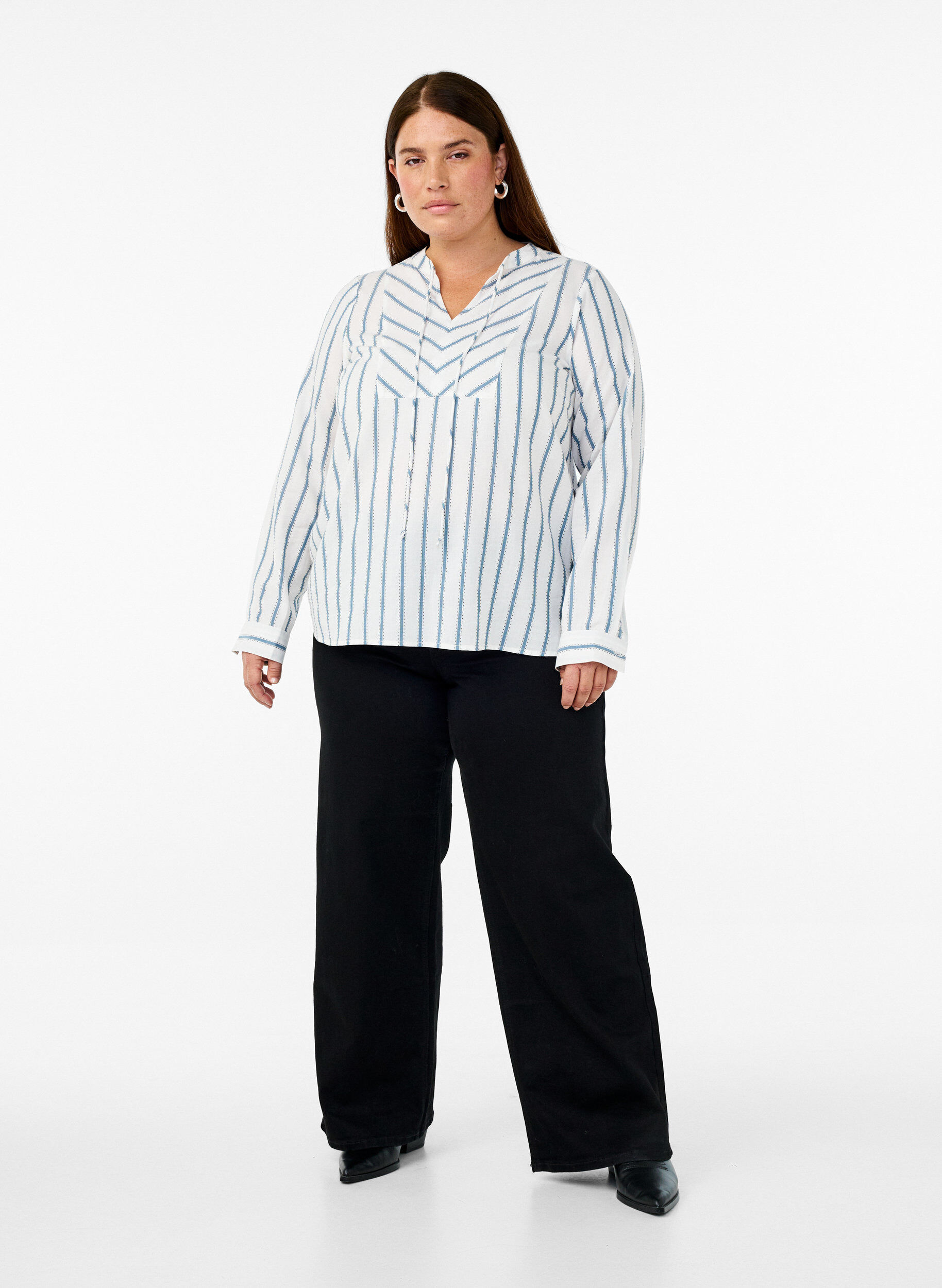 ZizziGestreepte blouse met strikdetail, Wit, Model image number 1