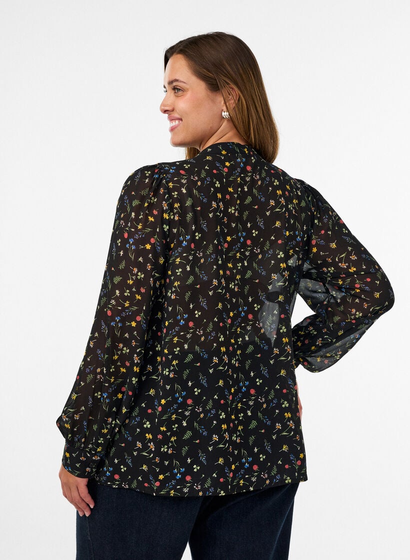 Blouse met all-overprint en korte knoopsluiting, Zwart, Model image number 2