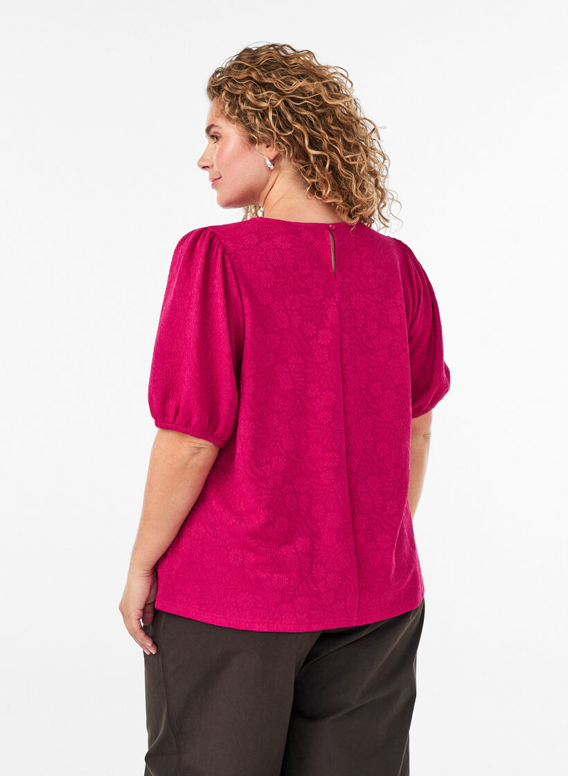 Blouse textur&eacute;e &agrave; manches courtes, Rose, Model image number 2