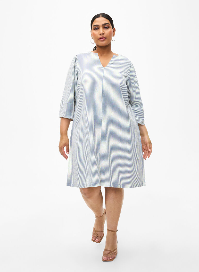 Gestreepte jurk met 3/4 mouwen, Blue Stripe, Model image number 2