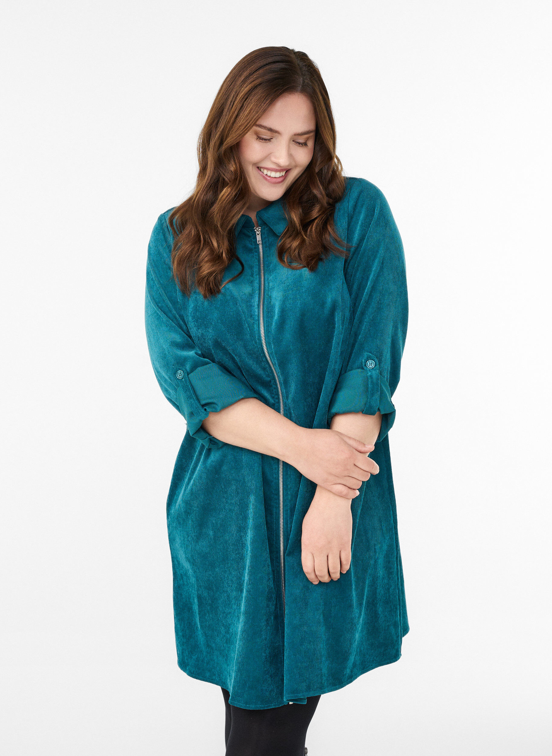 ZizziCorderoy jurk met rits en 3/4-mouwen, Groen, Model image number 0