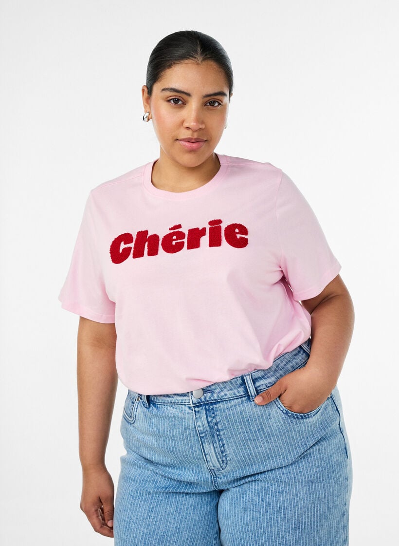 T-shirt en coton bio avec imprim&eacute; sur le devant, Rose, Model image number 0
