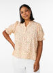 Viscose bloemenblouse met korte mouwen en een rucheskraag, Geel, Model image number 0