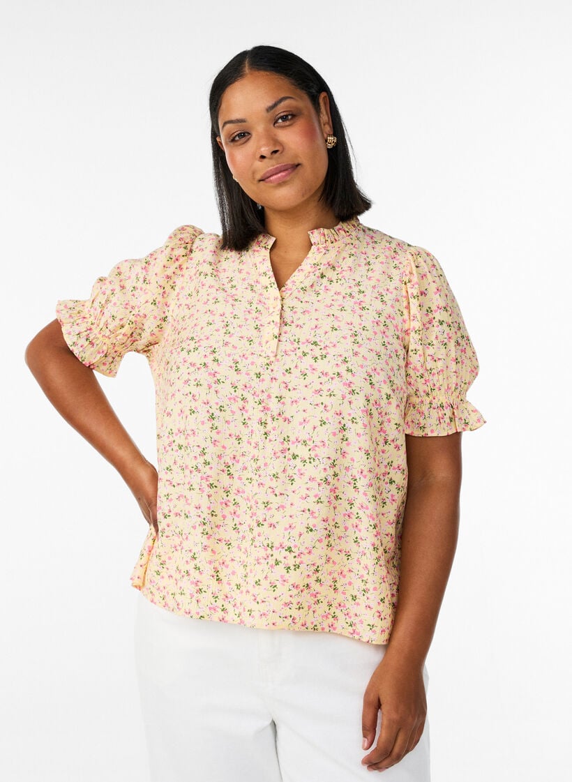 Viscose bloemenblouse met korte mouwen en een rucheskraag, Geel, Model image number 0
