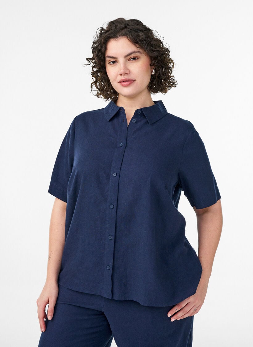 Chemise &agrave; manches courtes en lin et viscose, Bleu, Model image number 0