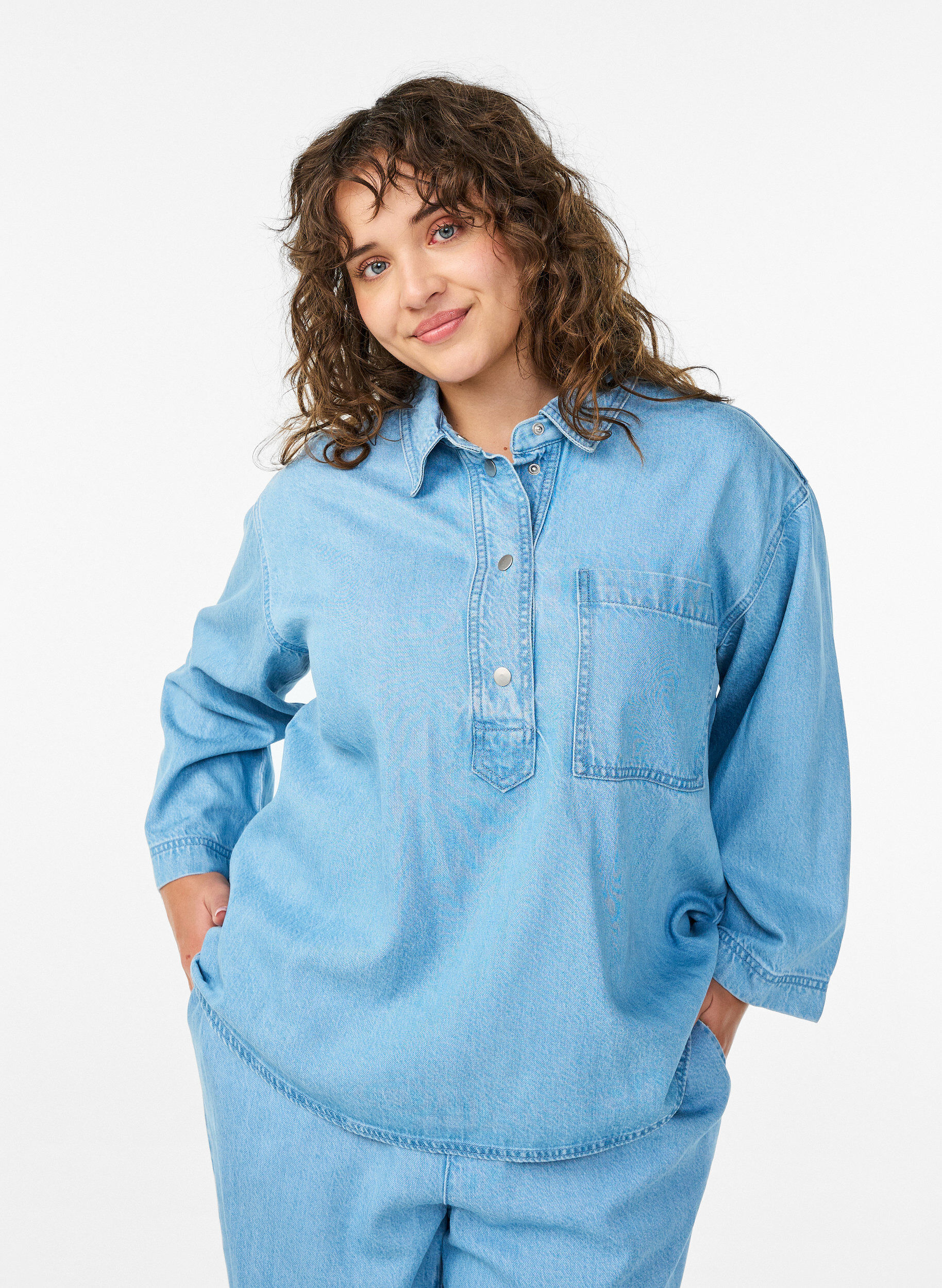 Los denimshirt met 3/4-mouwen, Blauw, Model
