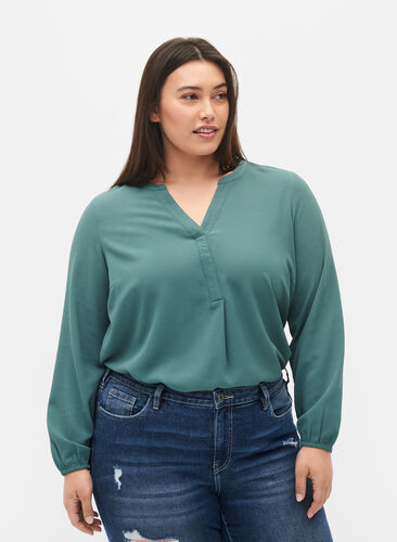 Effen blouse met v-hals, Mallard Green, Model image number 0