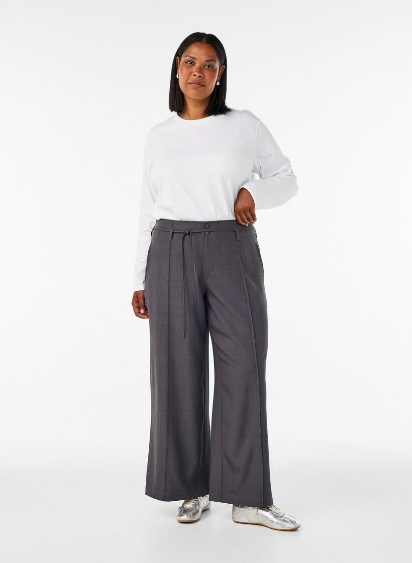 Op maat gemaakte broek met plooien en een strikceintuur, Grijs, Model image number 0