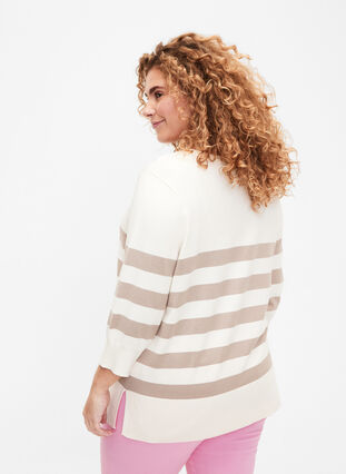 Pull rayé en viscose avec manches 3/4, Birch/Simply Taupe, Model image number 1