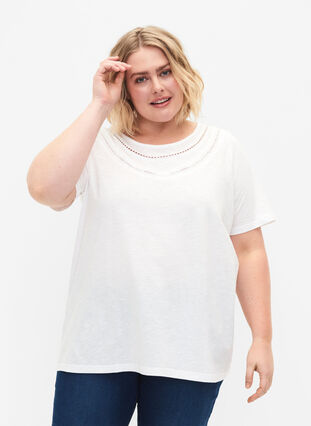 T-shirt en coton avec ruban en dentelle, Bright White, Model image number 0