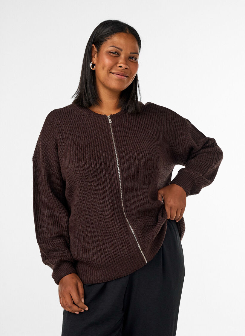Gebreid vest met rits, Bruin, Model image number 0