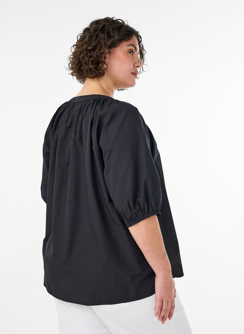 Overhemdblouse met knoopsluiting en strikceintuur, Zwart, Model image number 2