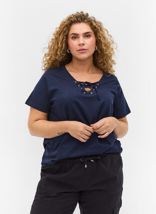 T-shirt en coton bio avec détail dentelle, Navy Blazer, Model image number 0