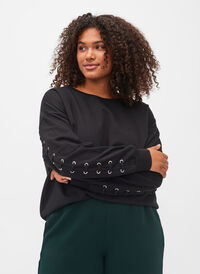 Sweat-shirt en coton et détails lacets, Black, Model
