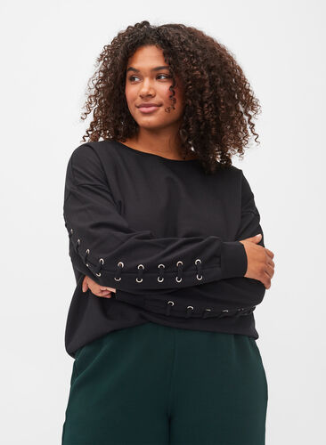 Sweat-shirt en coton et détails lacets, Black, Model image number 0
