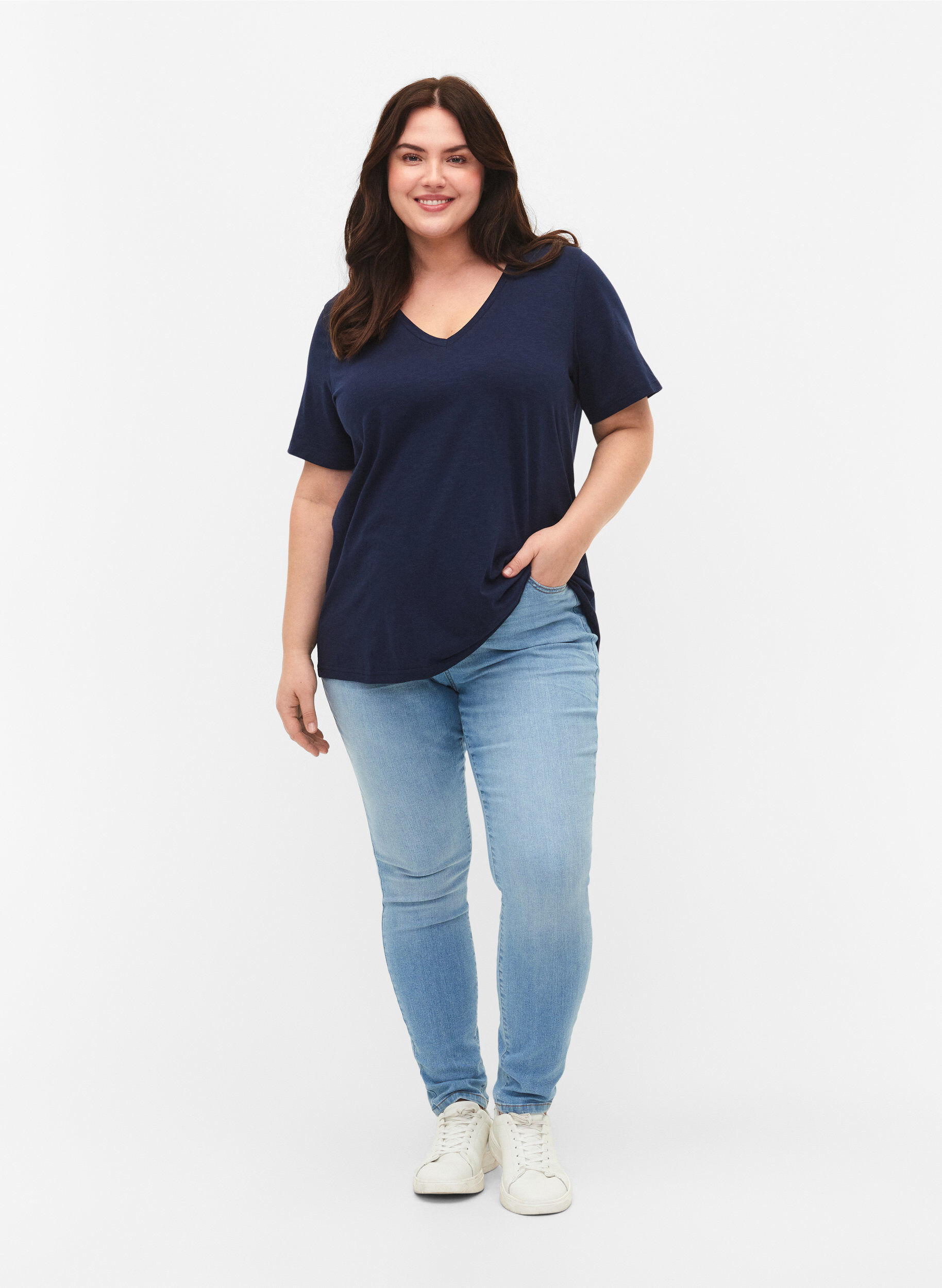 ZizziBasic t-shirt met korte mouwen en v-hals, Blauw, Model image number 1