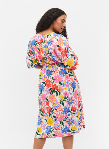 Midi-jurk met print en korte mouwen, Crystal G flower AOP, Model image number 1