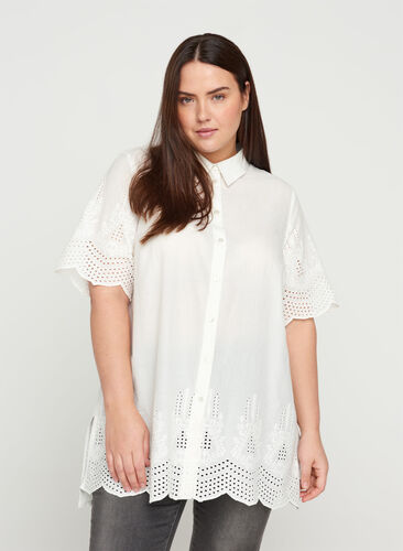 Tunique à manches courtes avec broderie anglaise, Bright White, Model image number 0