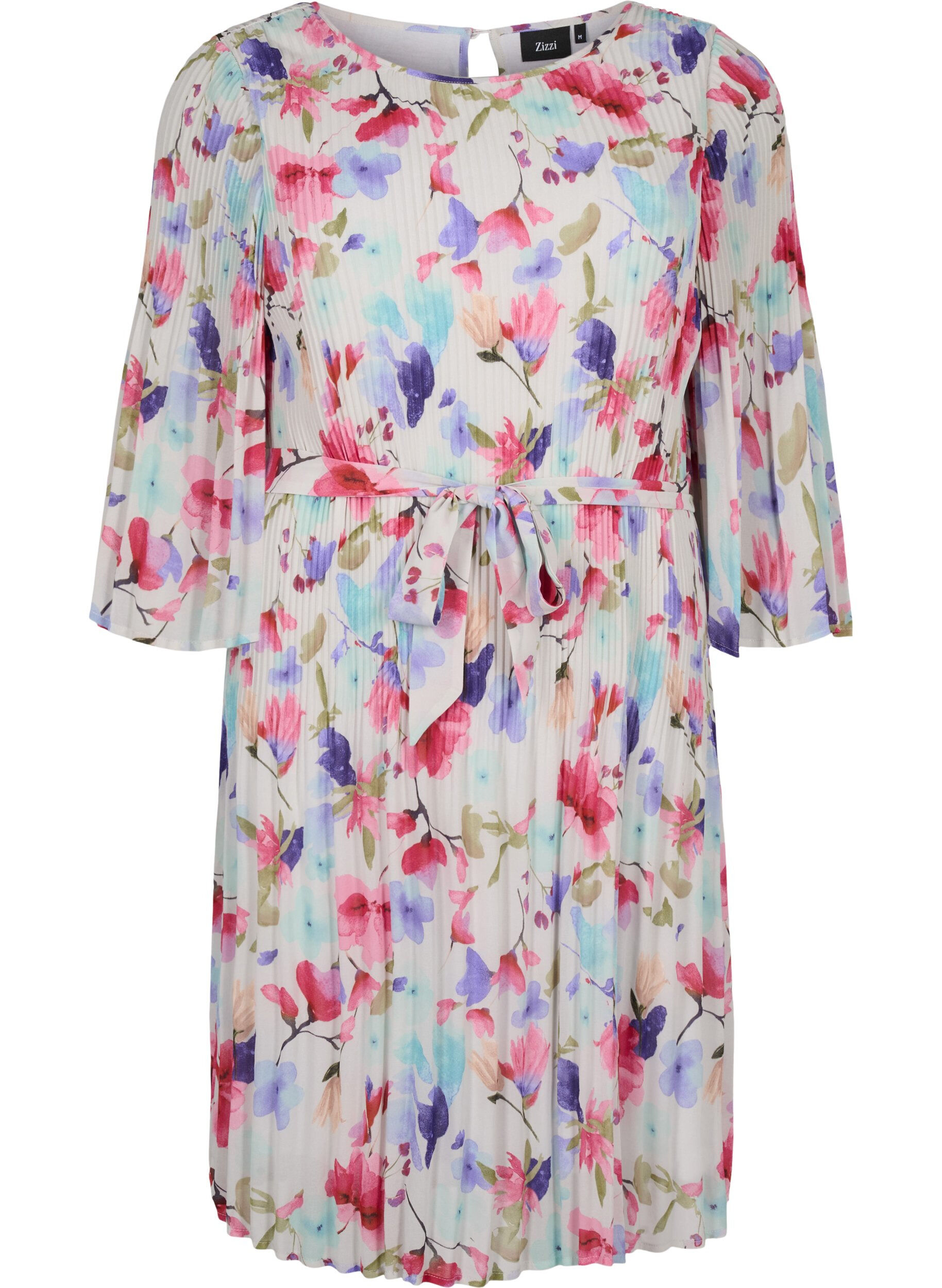 ZizziBedrukte geplooide jurk met bindband, White/MultiFlowerAOP, Packshot image number 0