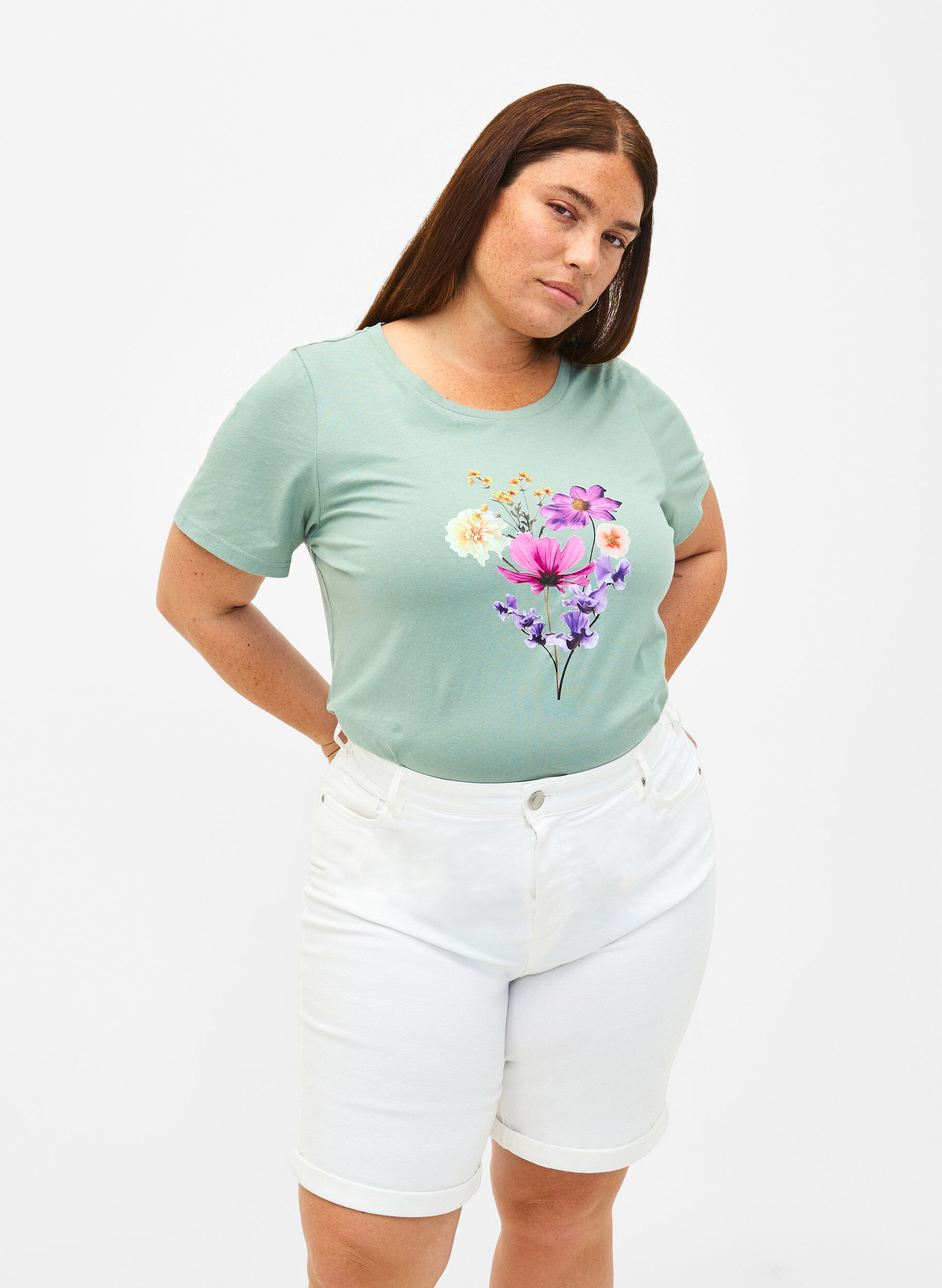 ZizziKorte spijkerbroek met strakke pasvorm en hoge taille, Bright White, Model image number 0