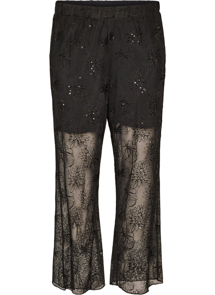 Pantalon en maille avec broderies florales et sequins, Noir, Packshot image number 0