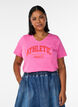 T-shirt en coton bio avec un imprim&eacute; varsity et col V, Rose, Model image number 0