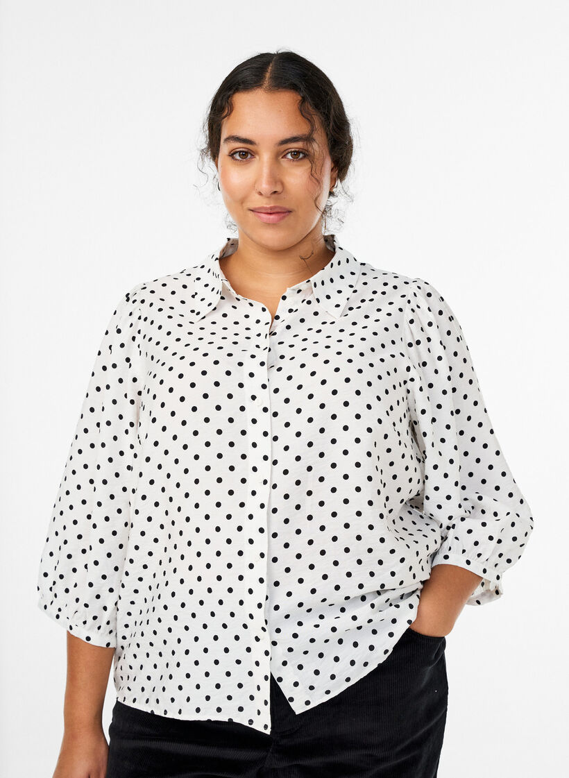 Chemisier &agrave; pois et manches 3/4, Blanc, Model image number 0