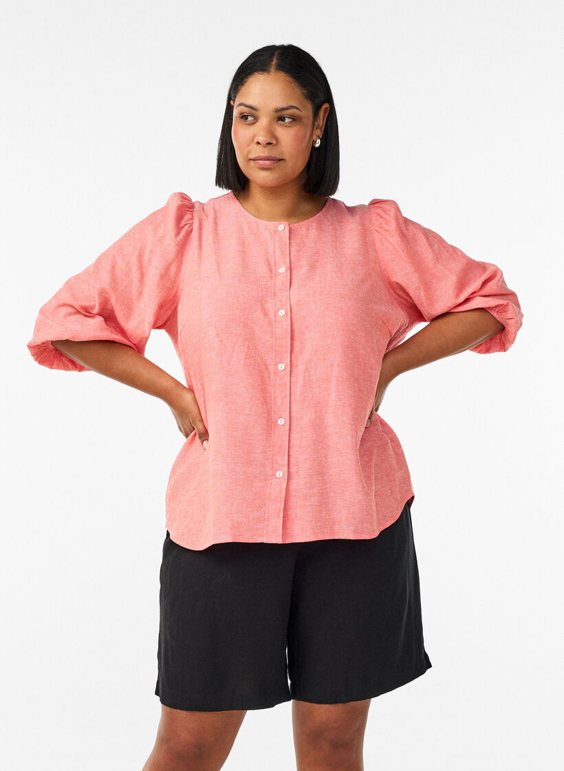 Shorts met hoge taille in linnen en viscose, Zwart, Model image number 0