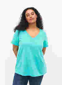 T-shirt met korte mouwen en v-hals, Turquoise, Model