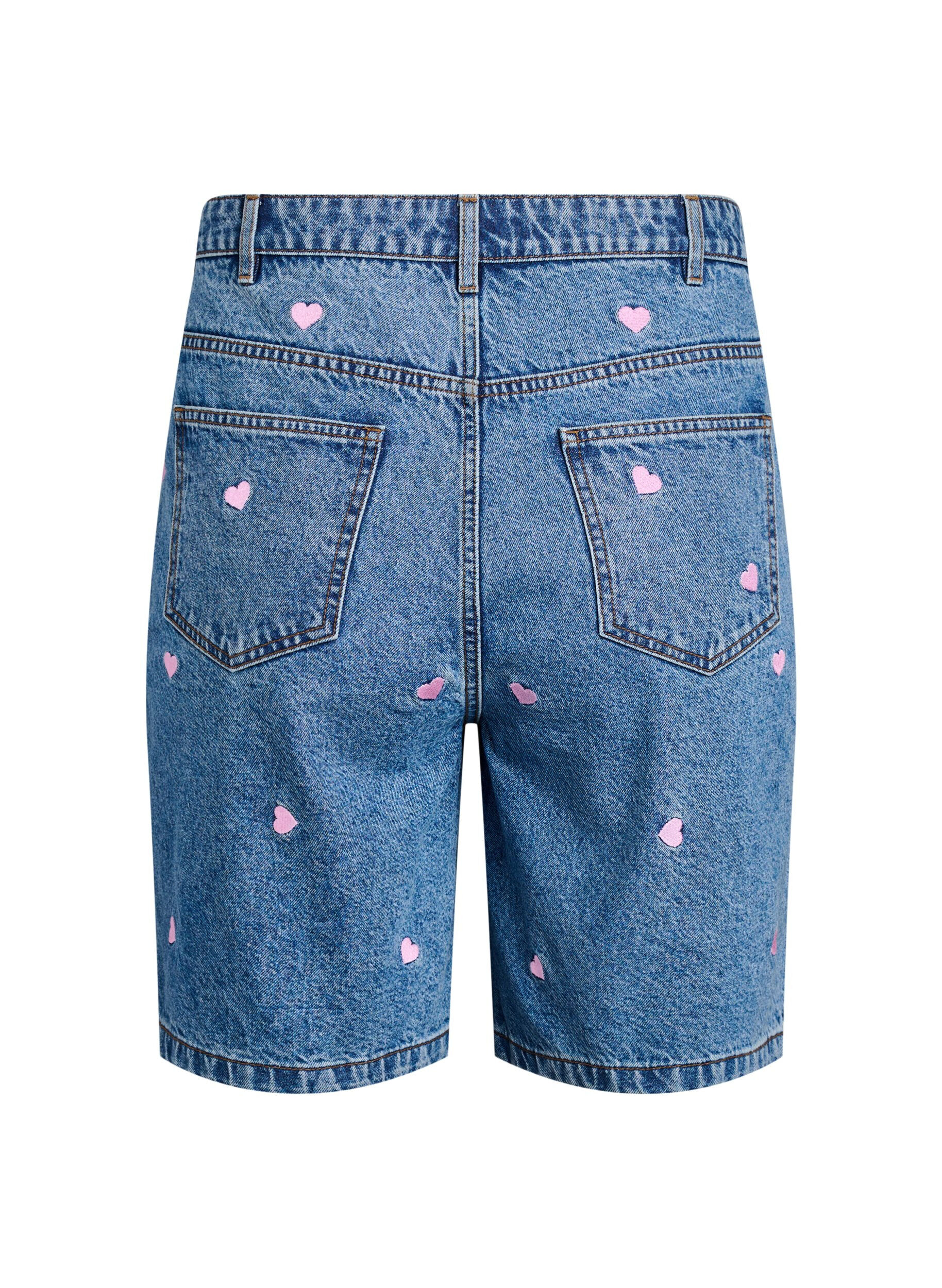 ZizziShorts en jean taille haute orn&eacute;s de c&oelig;urs brod&eacute;s, Bleu Clair, Packshot image number 1