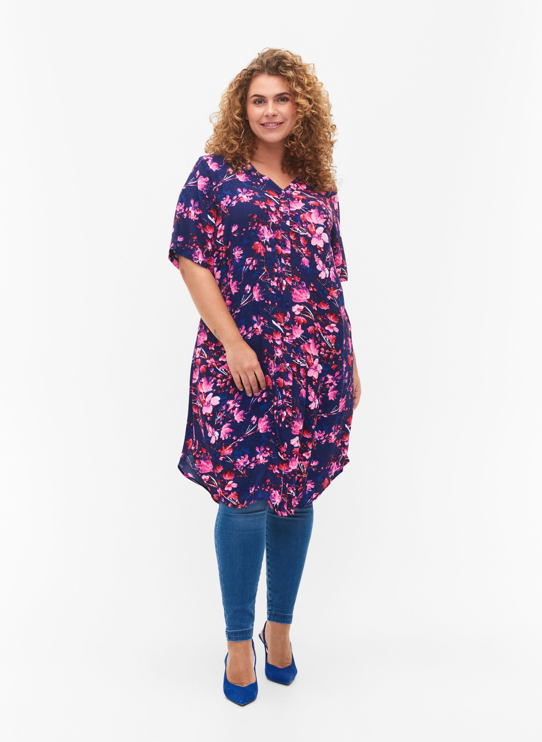 ZizziMidi-jurk van viscose met bloemenprint, B. Blue Pink Flower, Model image number 2
