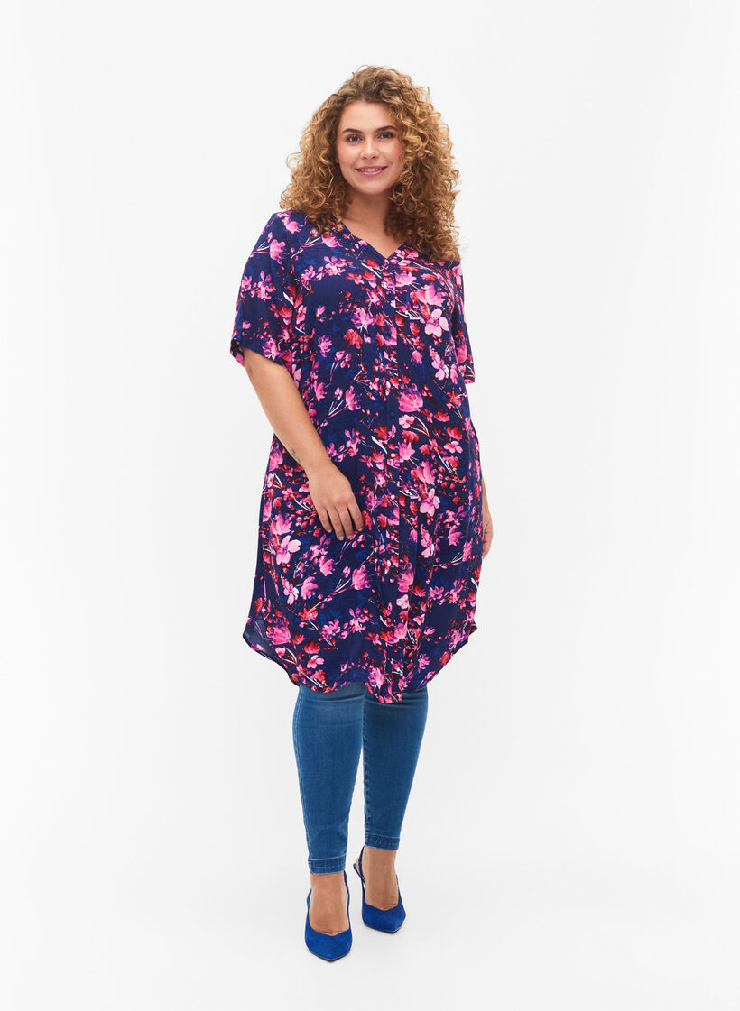 Midi-jurk van viscose met bloemenprint, B. Blue Pink Flower, Model image number 2