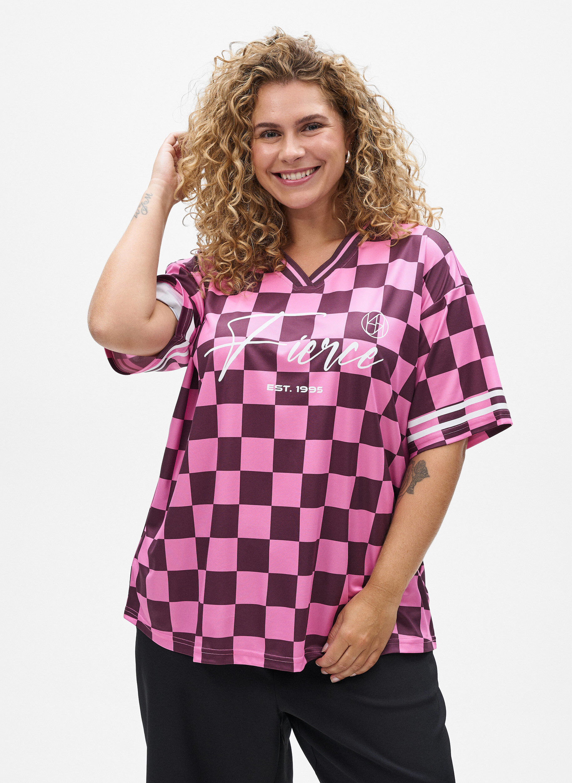 Sporty T-shirt met ruiten en tekstprint, Rood, Model