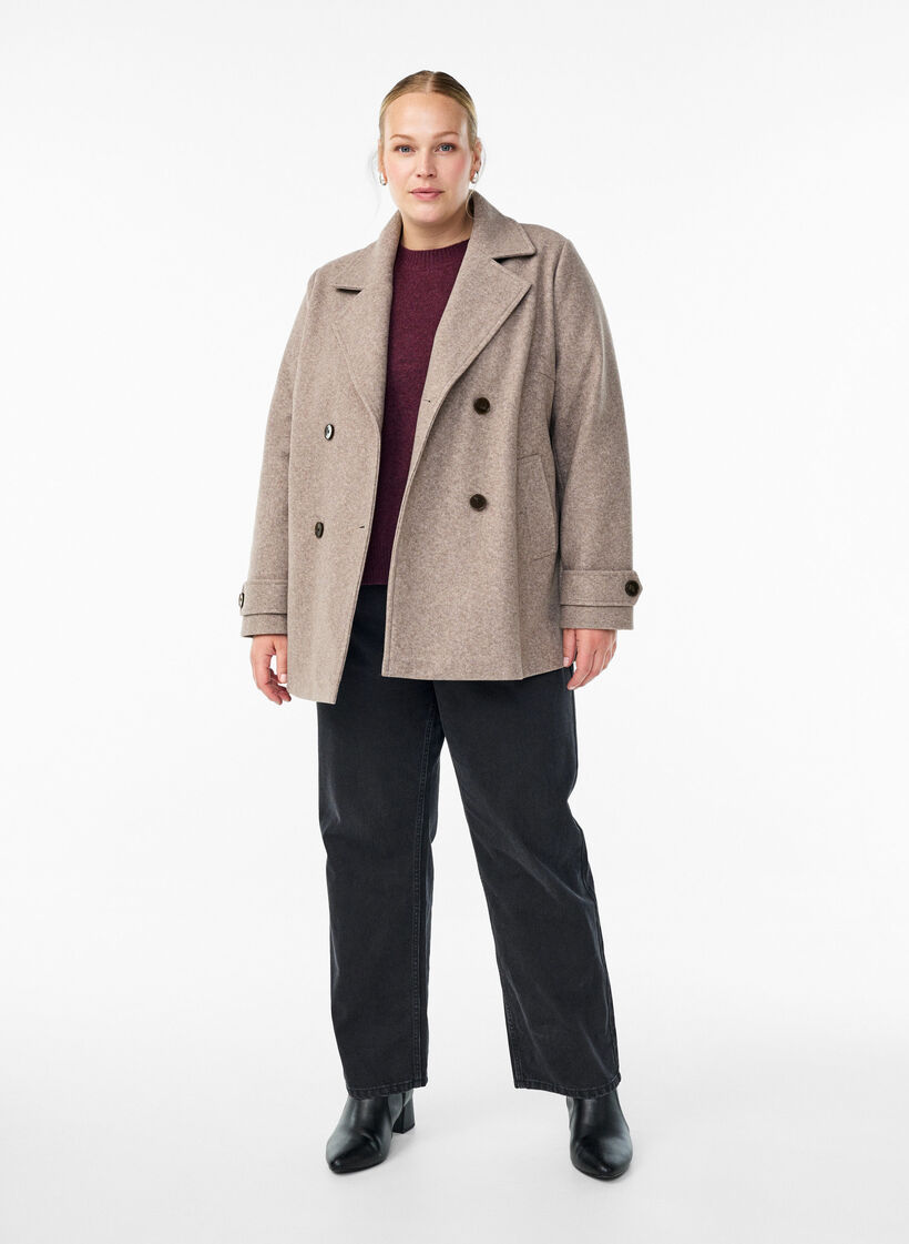 Manteau court &agrave; boutonnage crois&eacute;, Beige, Model image number 1