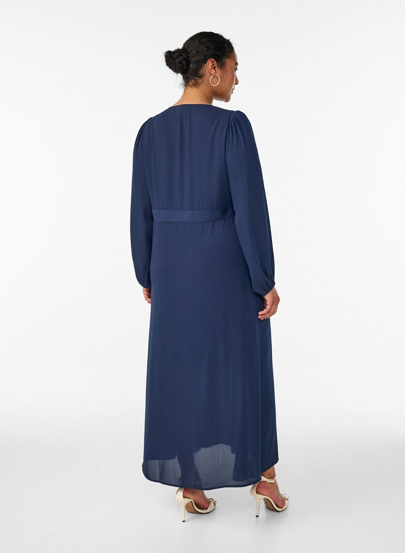 Robe maxi avec encolure cache-c&oelig;ur et manches longues, Bleu, Model image number 1
