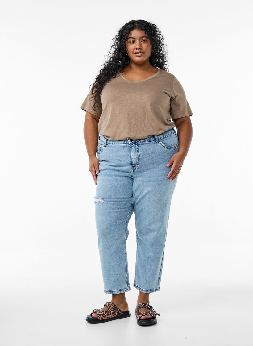 Basic t-shirt met korte mouwen en v-hals, Bruin, Model image number 1