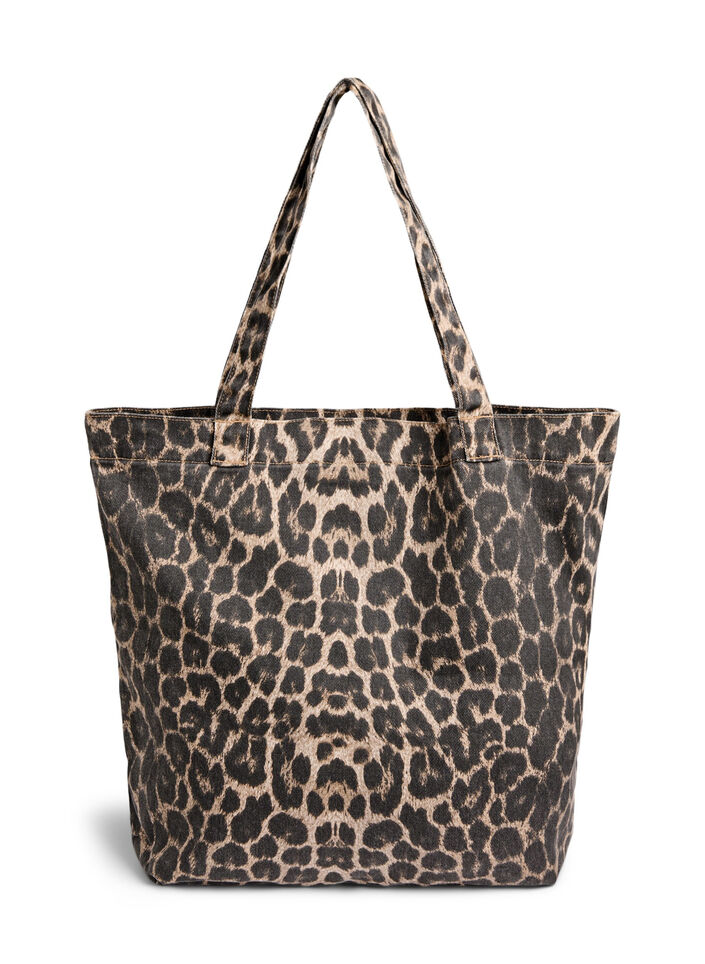 Denim shopper met luipaardprint, Bruin, Packshot image number 1