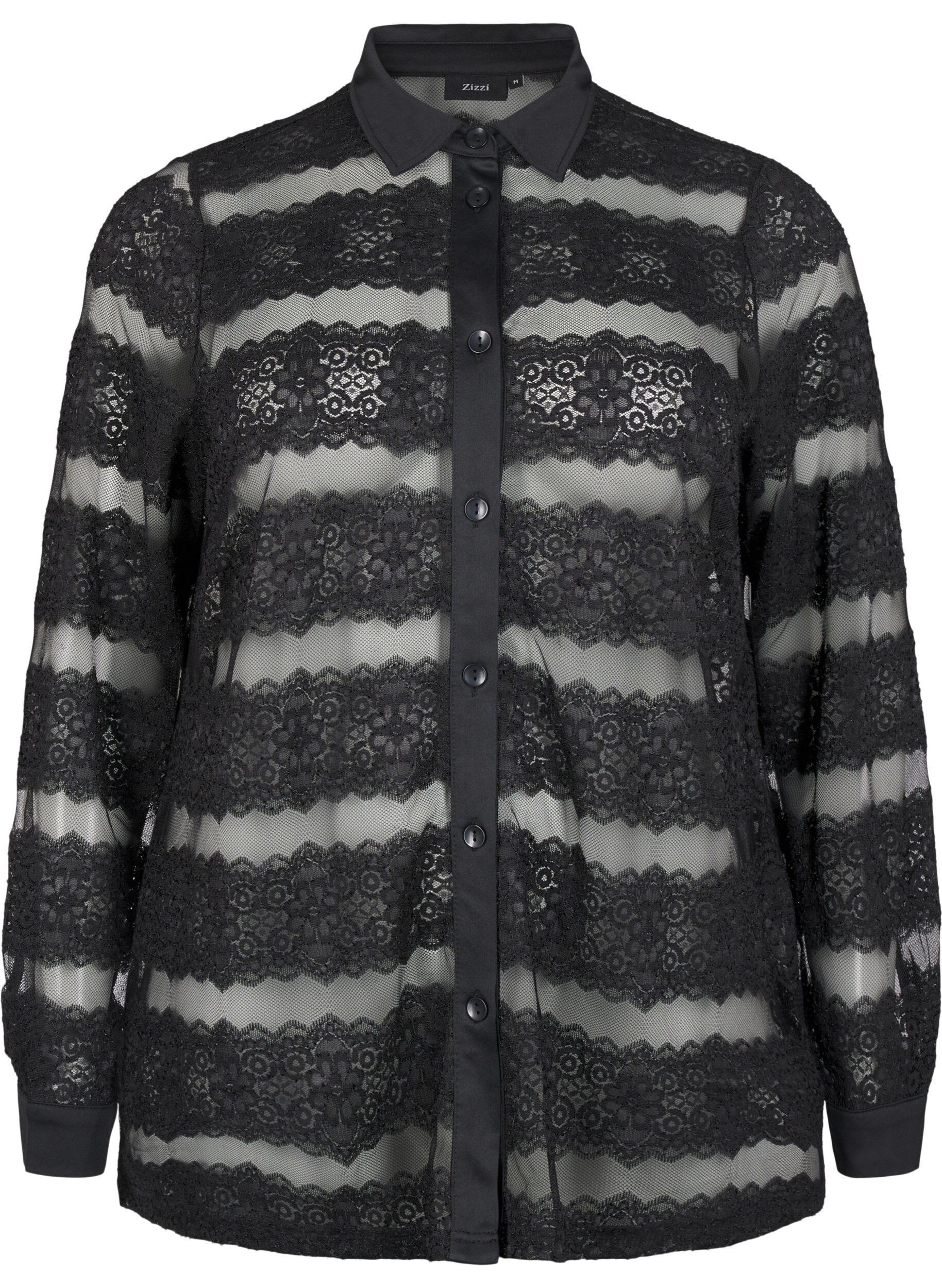ZizziLosse blouse met kant en doorschijnend mesh, Black, Packshot image number 0