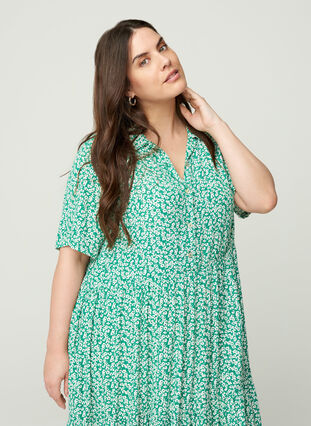 Viscose midi-jurk met korte mouwen, Green W. Flower, Model image number 2